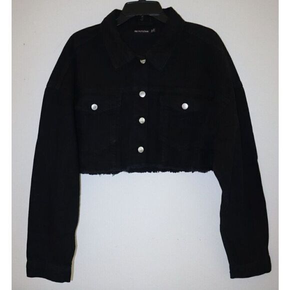 PRETTY LITTLE THING Women's Sz 12 Washed Black Basic Raw Edge Denim Crop Jacket - Picture 1 of 10